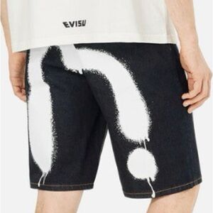 EVISU Graffiti White Spray-Dyed Daicock Print Denim Jeans Shorts NWT